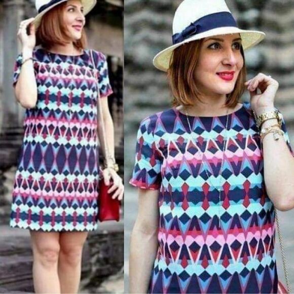 J. Crew Short Sleeve Gallery Shift Dress Geometric Print C5608 Size 12 - Picture 1 of 10